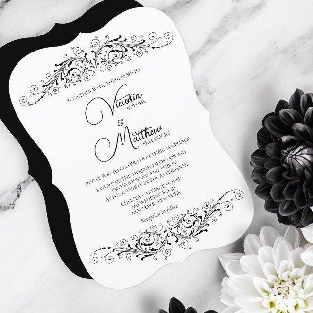 Invitación Boda de elegancia florida en blanco y negro (Black and white elegance for a beautiful wedding with a color scheme that can be done any season.)