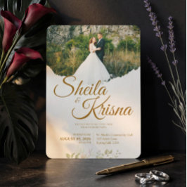 Invitación Boda de elegancia marrón pastel floral con foto