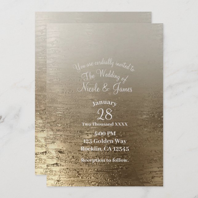 Invitación Boda de Elegancia Moderna de Cepillo Dorado Glam G (Anverso / Reverso)