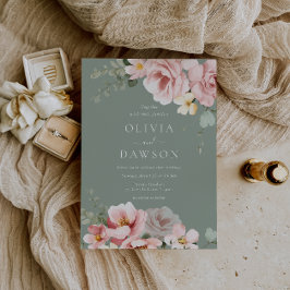 Invitación Boda de elegancia verde rosa y sabio de Rubor