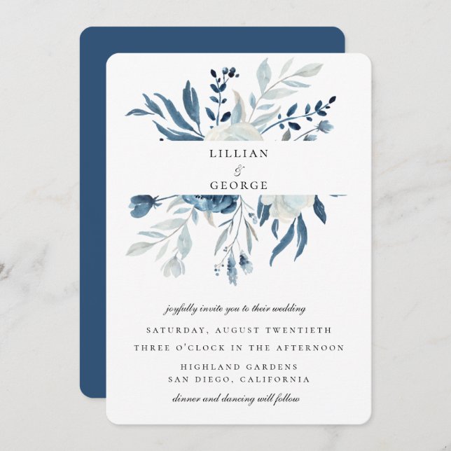 Invitación Boda de elegante ramo floral azul (Anverso / Reverso)