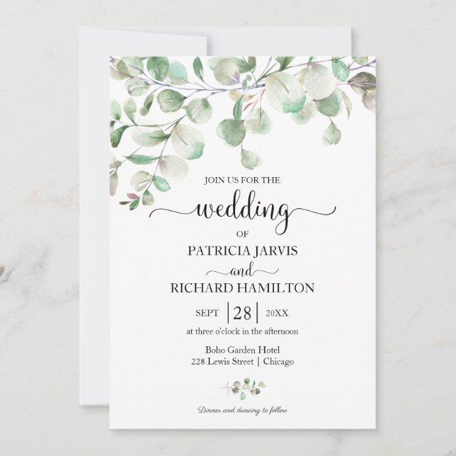 Invitación Boda de elegante vegetación eucalipto  (Anverso)