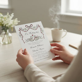 Invitación Boda de Elegantes Cisnes con Guirnalda y Cinta Roj
