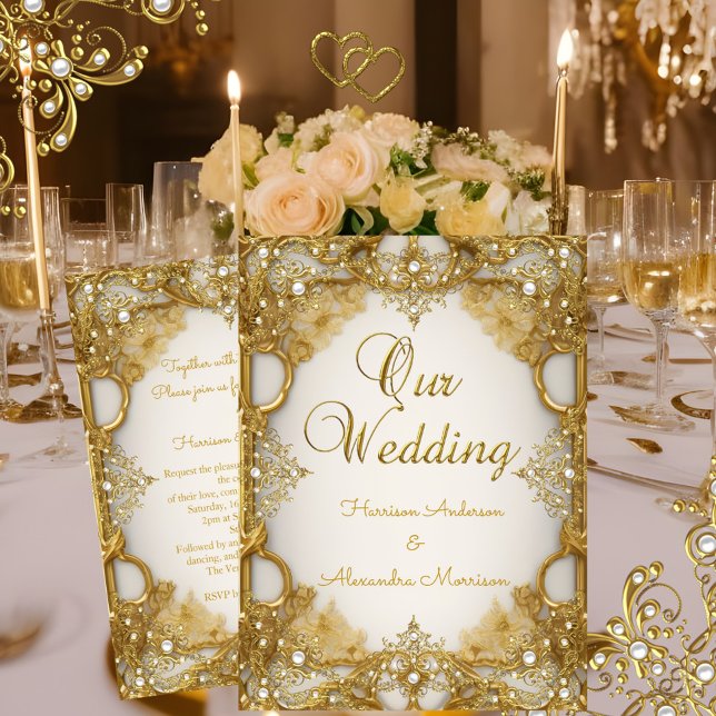 Invitación Boda de élite oro blanco beige Crema Perlas Marco (Subido por el creador)