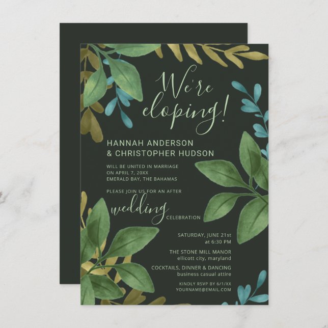Invitación Boda de Elopement Aquarela Hojas Solo Recepción (Anverso / Reverso)