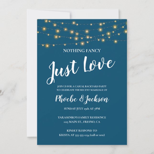 Invitación Boda de Elopement con Luces de Cuerda Azules Fiest (Anverso)