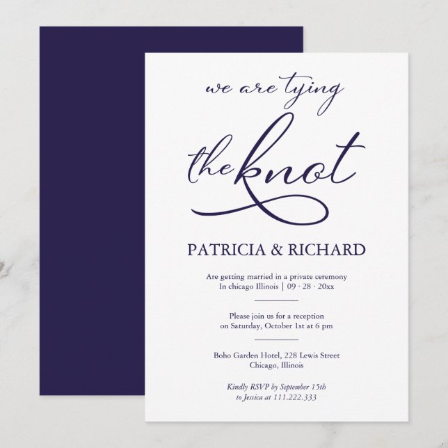 Invitación Boda De Elopement De Caligrafía Azul Y Blanca De L (Anverso / Reverso)