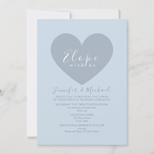 Invitación Boda de Elopement de Corazón Azul Moderno (Anverso)