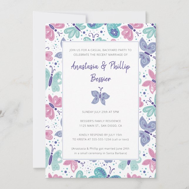 Invitación Boda de Elopement Recepción Fiesta Mariposas (Anverso)