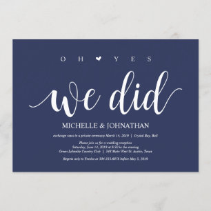 Invitación Boda de Elopement Rústica de Azul Marino Recepción