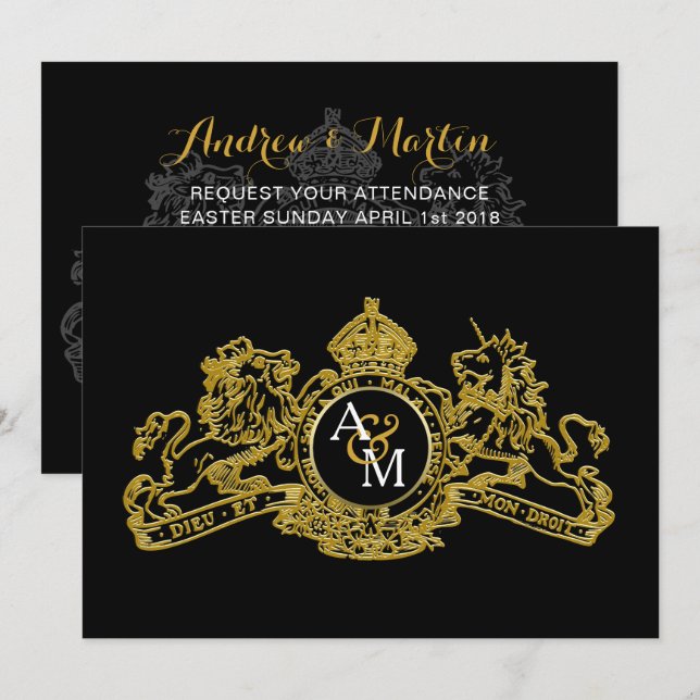 Invitación Boda de Emblem Regal de León de Oro Negro Unicorni (Anverso / Reverso)