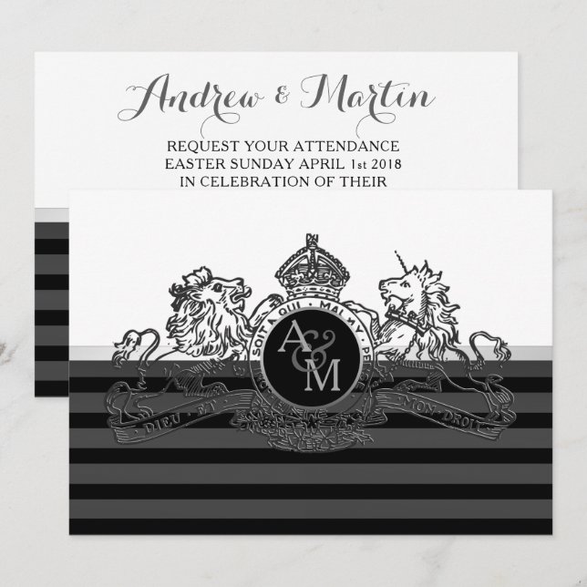 Invitación Boda de Emblema Unicornio de León Blanco Pewter Ne (Anverso / Reverso)