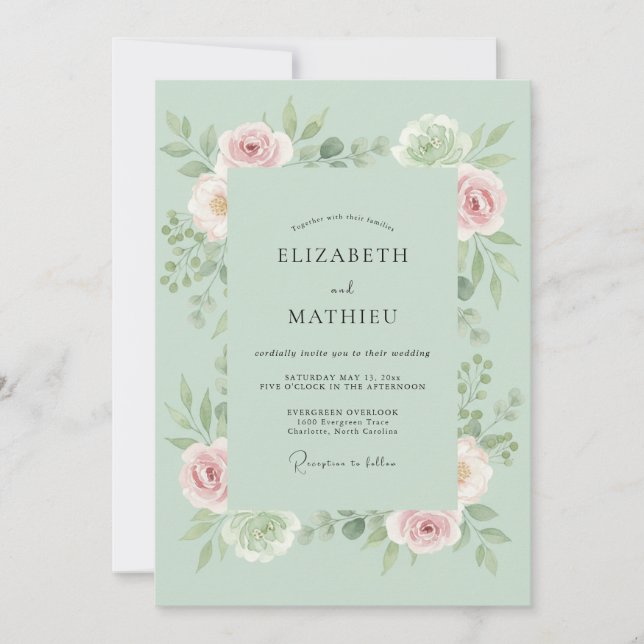 Invitación Boda de Embrace Floral Suave de Menta (Anverso)