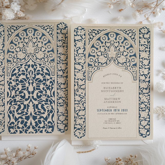 Invitación Boda de encaje azul y crema de la marina clásica (Subido por el creador)
