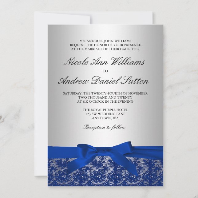 Invitación Boda de encaje azul y plateado de la Marina (Anverso)