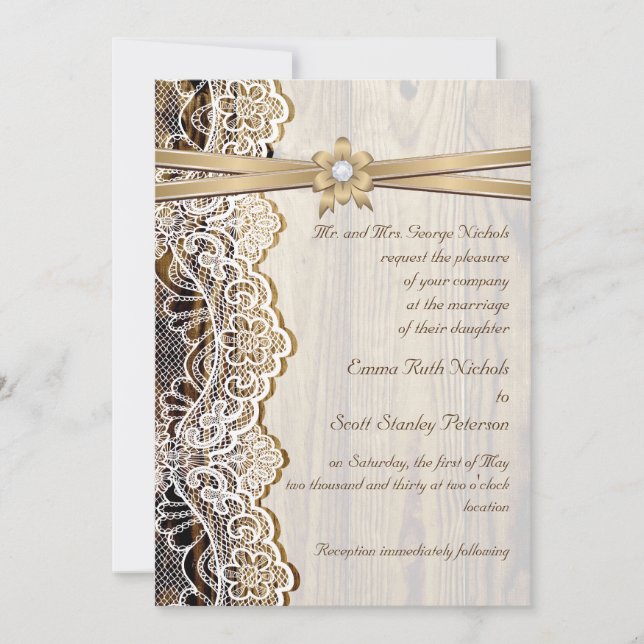 Invitación Boda de encaje blanco, cinta, flor y madera (Anverso)