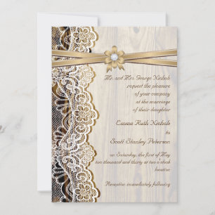 Invitación Boda de encaje blanco, cinta, flor y madera