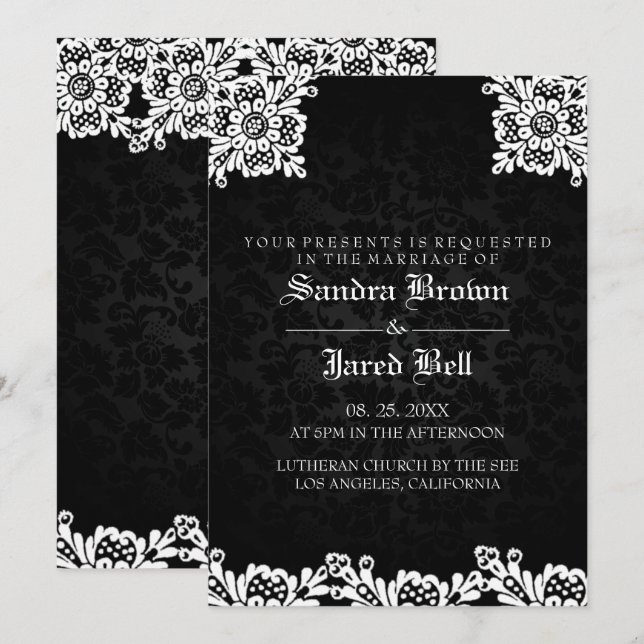 Invitación Boda de encaje blanco damasco negro (Anverso / Reverso)