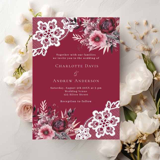 Invitación Boda de encaje blanco de flores rosadas de Borgoña (Subido por el creador)