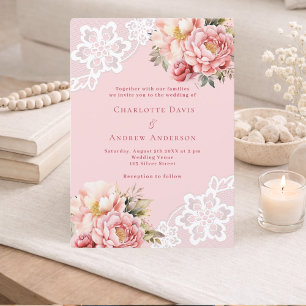 Invitación Boda de encaje blanco de florines dorados rosados