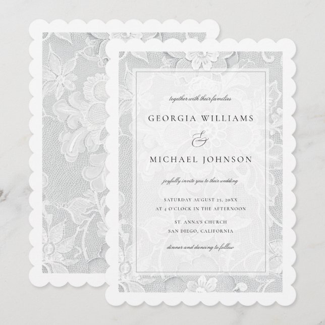 Invitación Boda de encaje blanco elegante (Anverso / Reverso)
