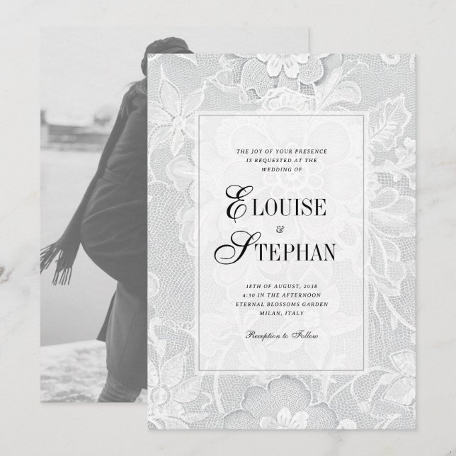 Invitación Boda de encaje blanco elegante (Anverso / Reverso)