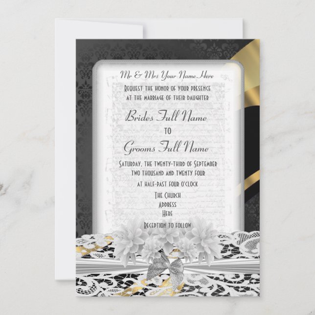 Invitación Boda de encaje blanco elegante de oro negro (Anverso)