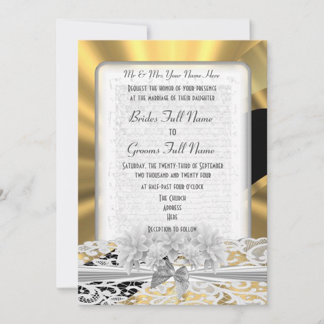 Invitación boda de encaje blanco elegante y dorado de moda (Anverso)