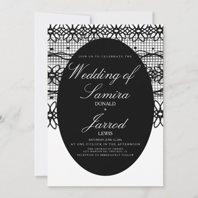 Invitación Boda de encaje blanco + negro dibujado a mano mode (Anverso)