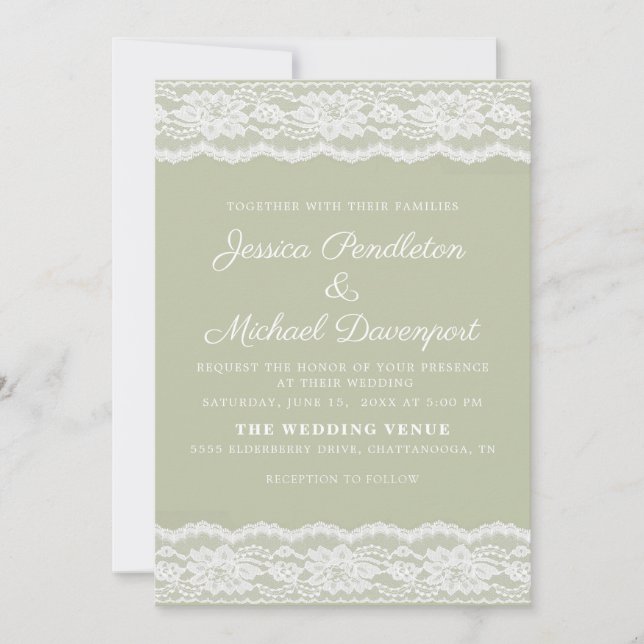 Invitación Boda de encaje blanco verde salvia vintage (Anverso)