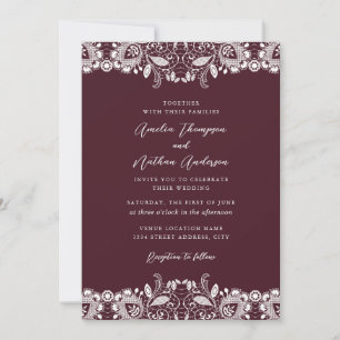 Invitación Boda de encaje blanco vintage de Borgoña