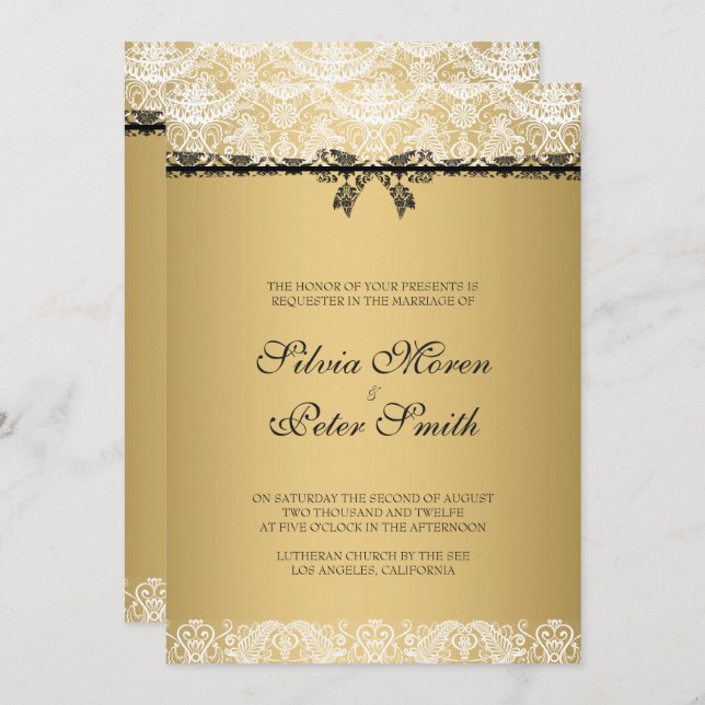 Invitación Boda de encaje blanco y dorado (Anverso / Reverso)