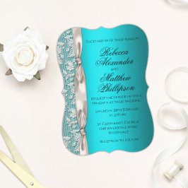 Invitación Boda de encaje blanco y lazo satinado Aqua