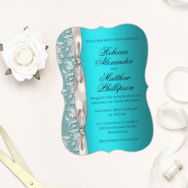 Invitación Boda de encaje blanco y lazo satinado Aqua (Subido por el creador)