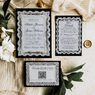Invitación Boda de encaje blanco y negro elegante y antiguo