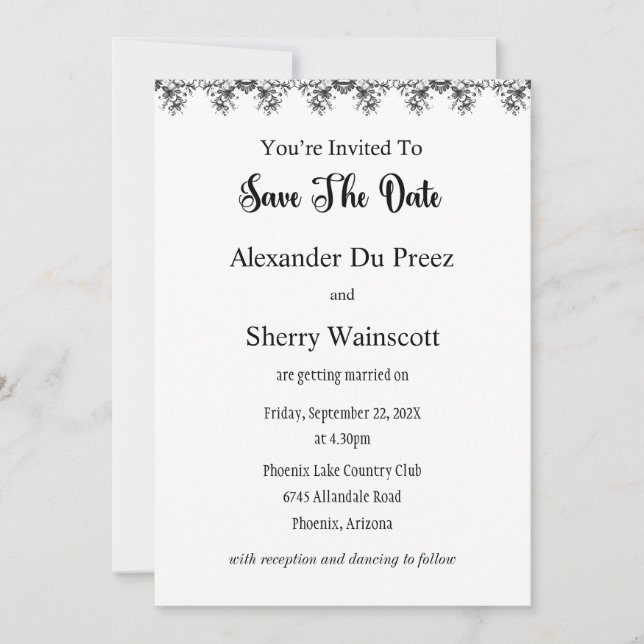 Invitación Boda de encaje blanco y negro Guardar la fecha (Anverso)