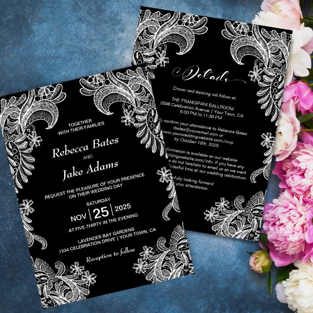 Invitación Boda de encaje blanco y negro todo en uno (Subido por el creador)