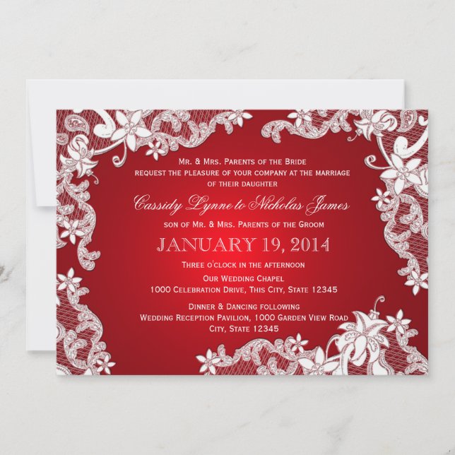 Invitación Boda de encaje blanco y rubí (Anverso)