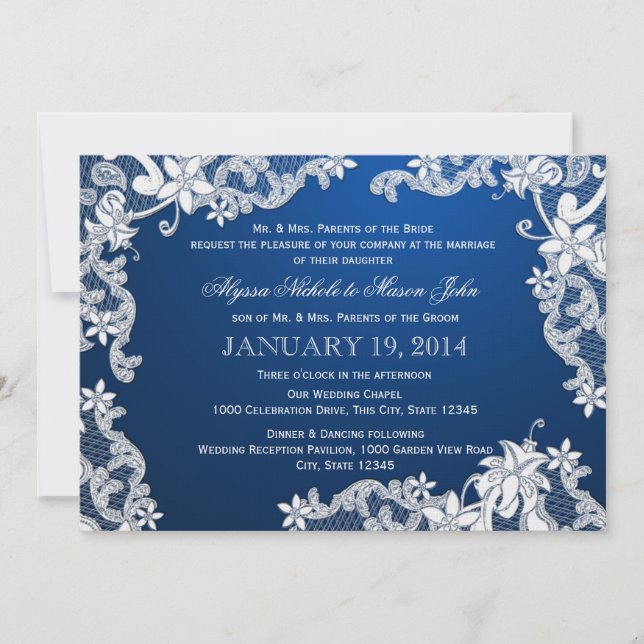Invitación Boda de encaje blanco y zafiro profundo (Anverso)