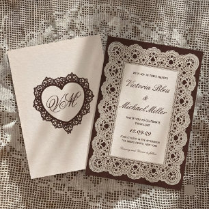 Invitación Boda de encaje crema marrón oscuro victoriano vint