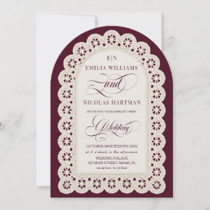 Invitación Boda de encaje de Borgoña con monograma de viejo d