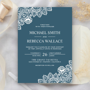 Invitación Boda de encaje de campo azul y blanco