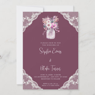 Invitación Boda de encaje de campo y flores en frasco de Maso