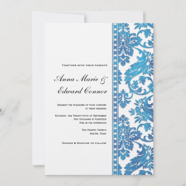 Invitación Boda de encaje de damasco azul (Anverso)