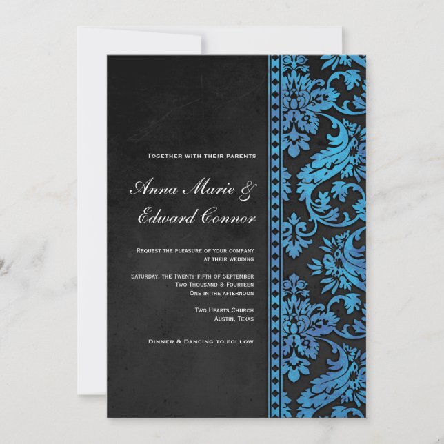 Invitación Boda de encaje de damasco azul (Anverso)