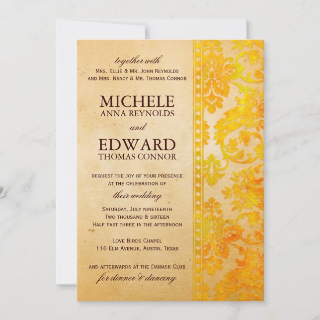 Invitación Boda de encaje de damasco de Amber (Anverso)