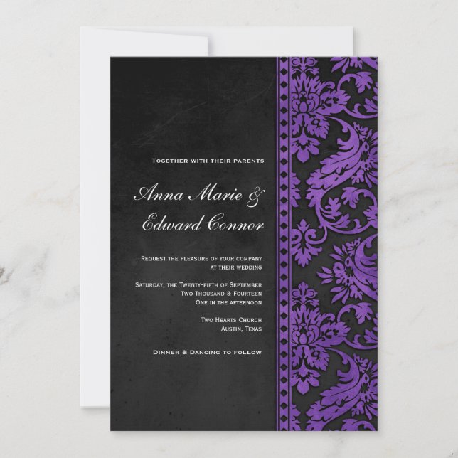 Invitación Boda de encaje de damasco morado (Anverso)