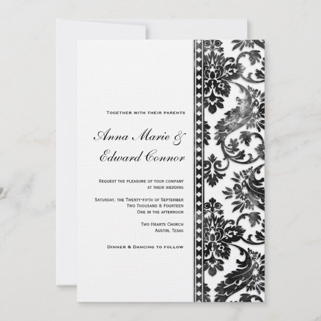 Invitación Boda de encaje de damasco negro (Anverso)