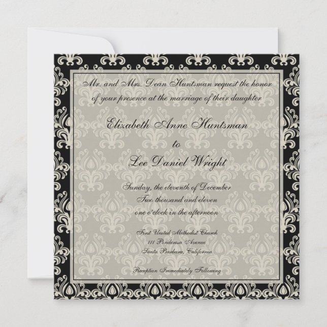 Invitación Boda de encaje de damasco negro y crema Invita (Anverso)