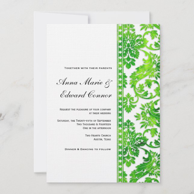 Invitación Boda de encaje de damasco verde esmeralda (Anverso)